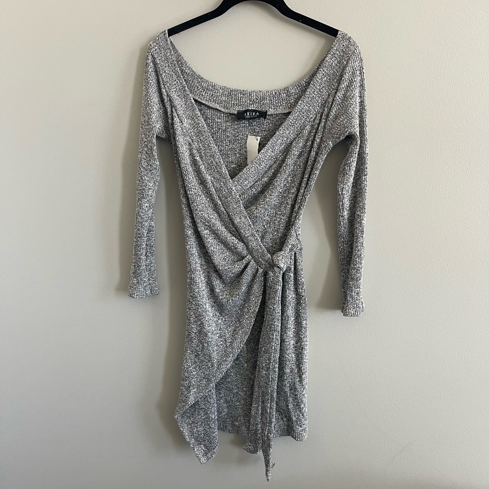 Akira Grey Stretch Knit Wrap Dress